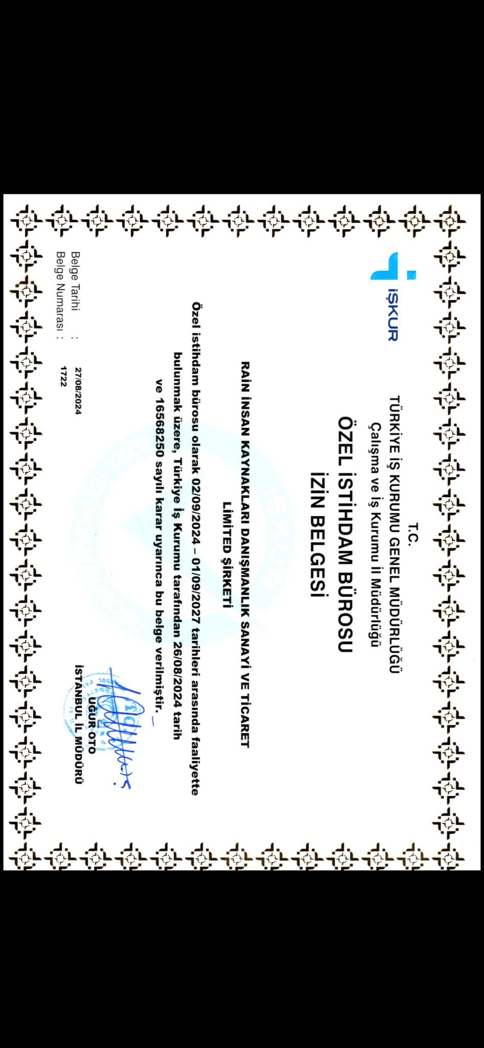 Türkiye İş Kurumu Genel Müdürlüğü tarafından verilen İstihdam Belgesi - Rain Grup